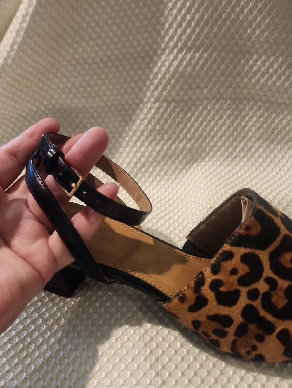 Calvin Klein Leopard Print Pointed Ankle-Strap Flats - Tan & Black